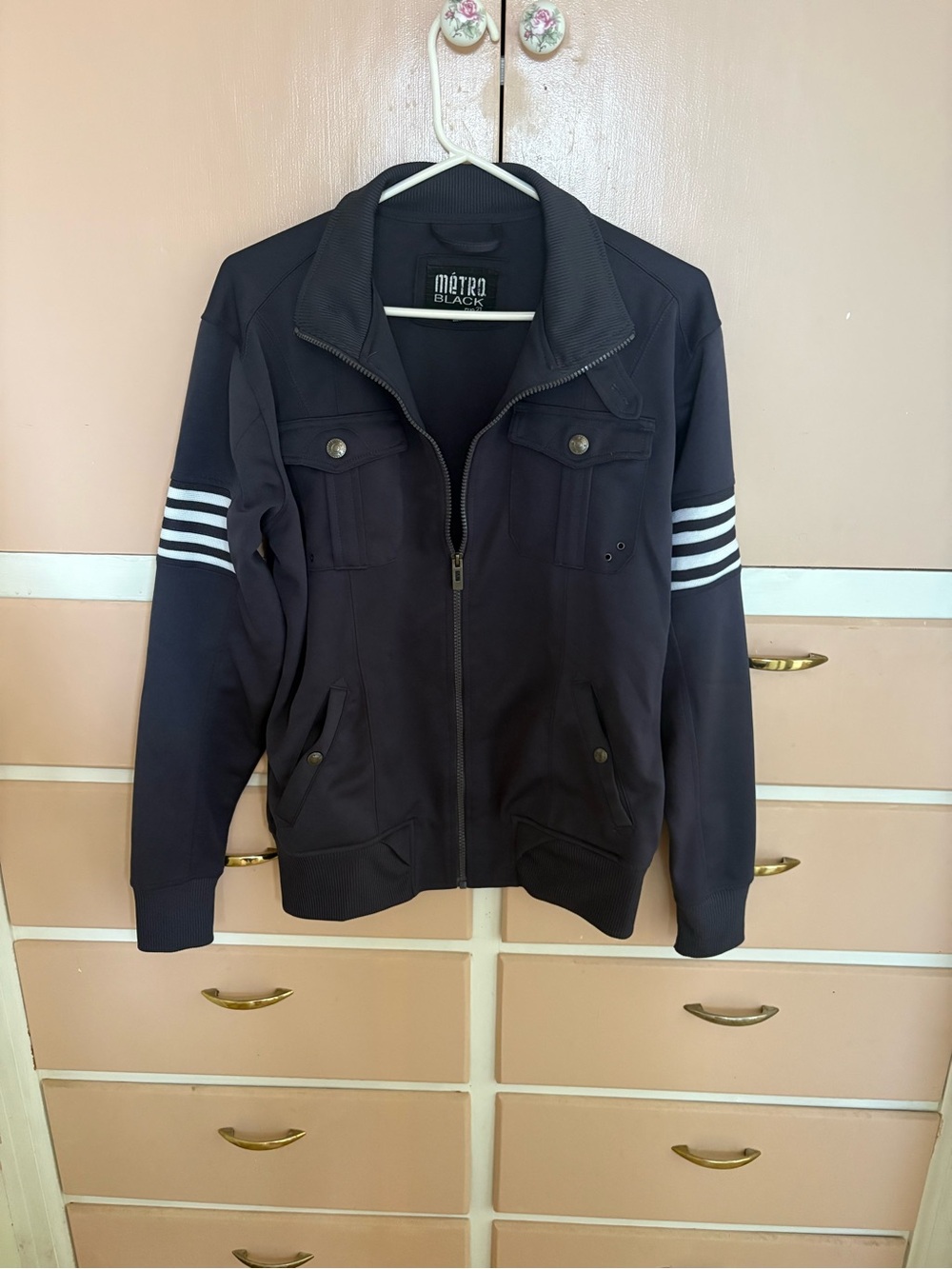 Rue21 Navy Bomber Jacket with White Sleeve Stripes